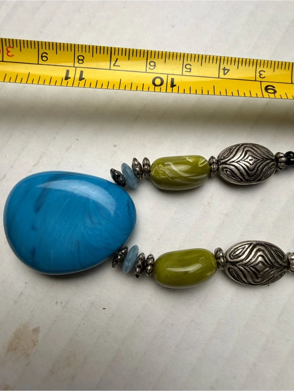 Vintage Blue Polished Agate Stone Pendant Necklace Beaded Boho Tibetan Style
